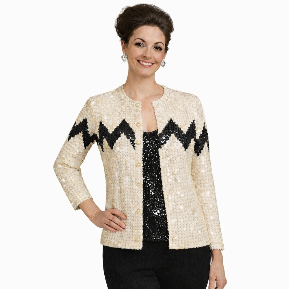 Vintage JoAnn Bryant Black White Sequined Cardigan Sweater 1960s Stunning